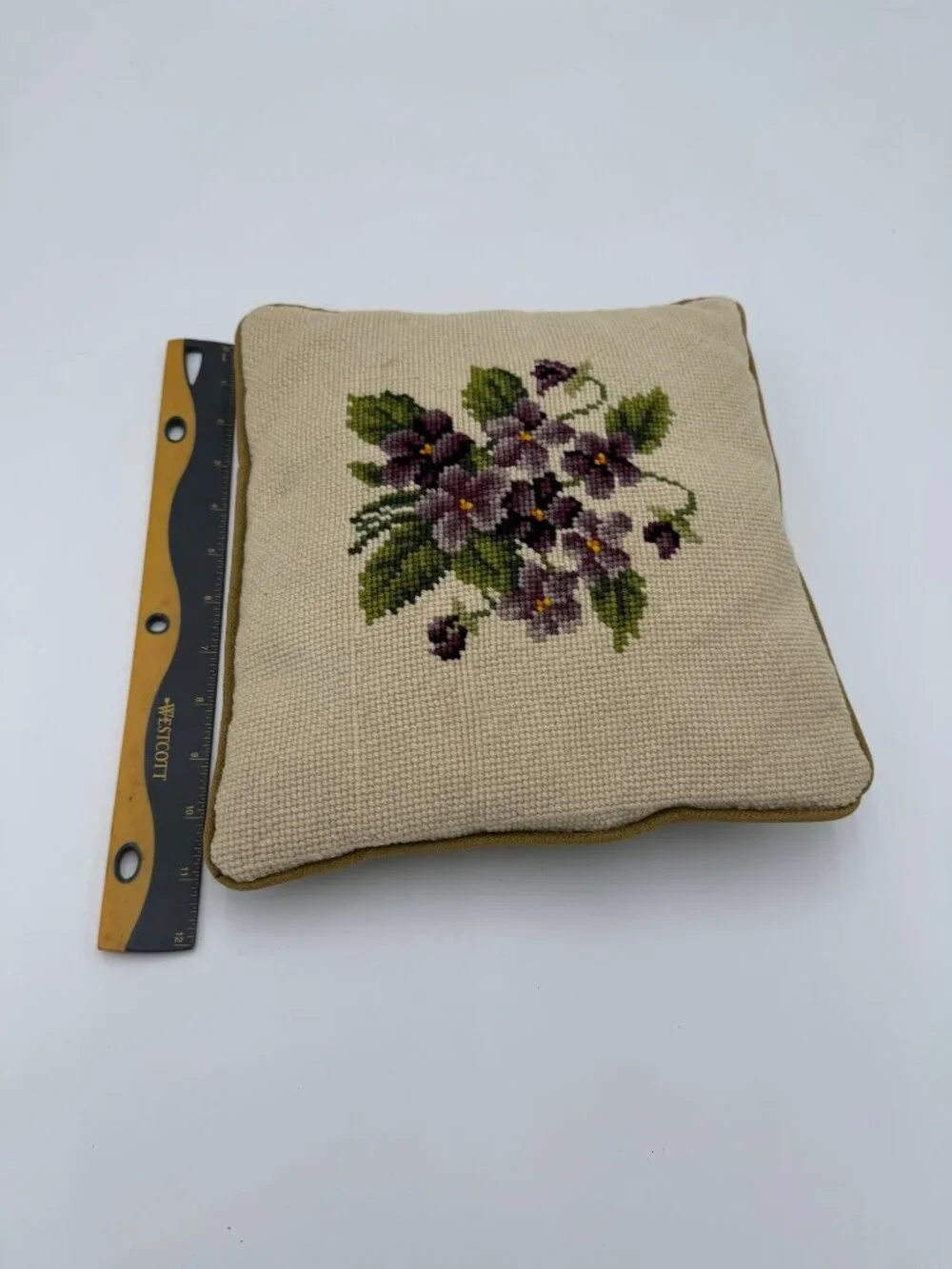 Vintage Needlepoint Floral Throw Pillow Velvet Back Square Cushion 10